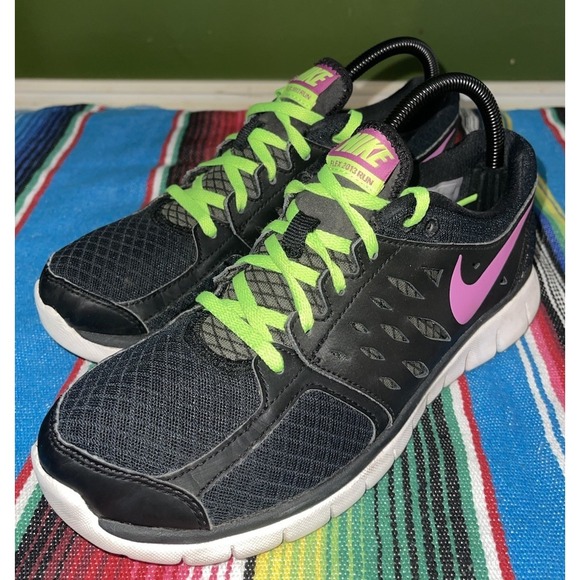 Nike‎ Flex 2013 Run Sneakers Women 9 Black Neon Green Lavender Check 580440-009 - Picture 1 of 12